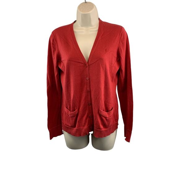 Lauren Ralph Lauren Womens Cardigan Sweater Sz Medium Red Cotton Pockets Button - Picture 1 of 9